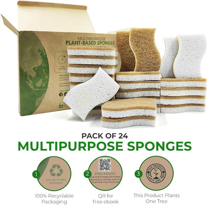 AIRNEX Natural Kitchen Sponges (24 Pack) - Biodegradable Cellulose & Coconut Scrubber Dish Sponges for Kitchen - Eco-Friendly, Non Scratch, Compostable, Non Toxic S-Shaped Natural Sponges for Dishes