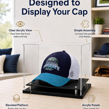 Clear hat Display case for Baseball,Acrylic Cap Holder Stand for Baseball, Football or Snapback Caps,Mini Helmet.Baseball Cap Display case with Metal feet Base