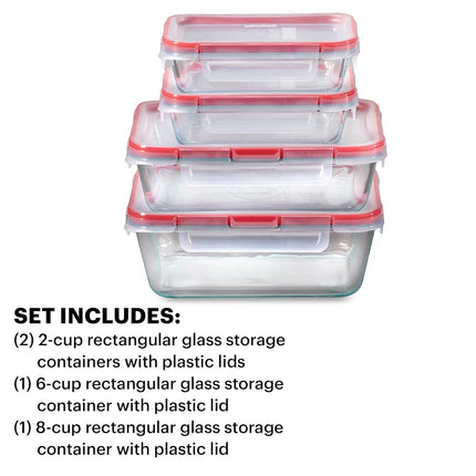 Pyrex Freshlock Rectangular Food Storage Containers Set, 8 Piece – Resists Stains, Odors and Flavors – Locking Lids for Secure, Spill-Free Storage and Easy Labeling