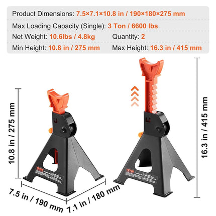 VEVOR Jack Stands, 3 Ton (6,000 lbs) Capacity Car Jack Stands, 10.8-16.3 inch Adjustable Height, for lifting SUV, Pickup Truck, Car and UTV/ATV, Red, 1 Pair