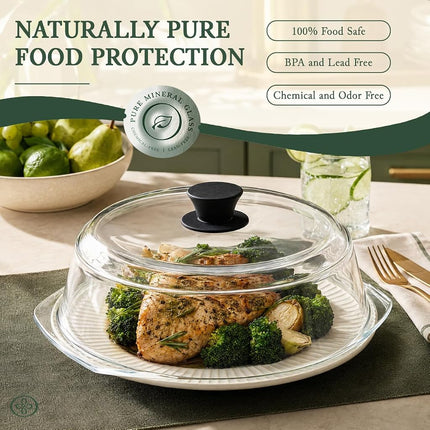 Le'raze Tall Microwave Glass Plate Cover - Splatter Guard Lid with Easy Grip Silicone Handle Knob - 100% Food Grade - BPA Free and Dishwasher Safe - 10inch - Black