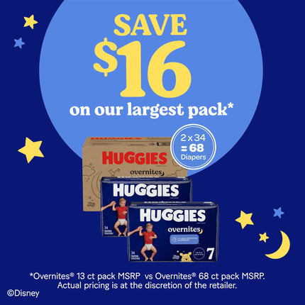 Pañales Huggies Talla 7 Overnites: Pañales para la noche, Talla 7 (más de 41 lb), 68 unidades (2 paquetes de 34)