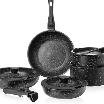 Cookware Set, Pots and Pans Set Non Stick, 12 Pcs Cooking Pot Kitchen Set with Frying Pan and Sauce Pans, Dishwasher and Oven Safe, PFAS, PFOA, PFOS Free, Black