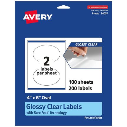 Avery Glossy Clear Oval Labels with Sure Feed, 4" x 6", 200 Glossy Clear Labels, Print-to-The-Edge, Laser/Inkjet Printable Labels