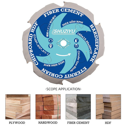 SHUZIYU 7-1/4"(185mm)-6PCD, Arbor 5/8", Polycrystalline Diamond Tipped 6 PCD, Hardie Blade, Fiber Cement Circular Saw Blade