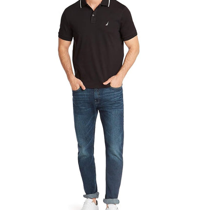 Nautica Men's Classic Fit Short Sleeve Dual Tipped Collar Polo Shirt, True Black, S