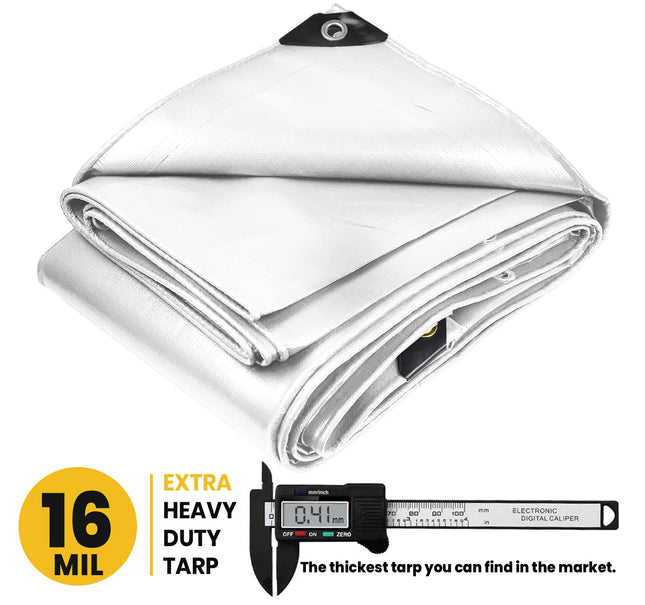 Bâche PROTARP ultra résistante 16 mil, imperméable, résistante aux UV, aux déchirures et aux perforations, bâche en polyéthylène avec bords renforcés pour toiture, camping, terrasse, piscine, bateau. (Blanc 8? X 10?)