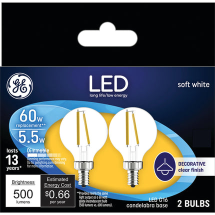 GE Lighting 24547 5.5W LED G16 Bulb (2 Pack), 26 P