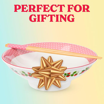 Silver Buffalo Strawberry Shortcake Vintage Berries and Polka Dots 30oz Ceramic Ramen Bowl with Chopsticks