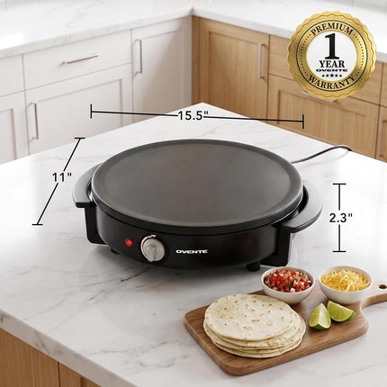 OVENTE Crepera y Plancha Eléctrica de 12 Pulgadas – Placa Caliente Antiadherente con Temperatura Ajustable, Indicador LED, Esparcidor de Masa y Espátula, Negro CRM1122B