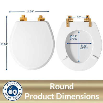 Mayfair 826BGSL 000 Asiento de inodoro Benton con bisagras de oro cepillado, cierre lento y nunca se afloja, redondo, madera esmaltada duradera, blanco