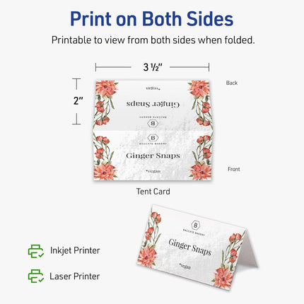 Avery Printable Rectangle Tent Cards with Sure Feed Technology, 2" x 3.5", Glossy White Cardstock, Print-to-the-Edge, Laser/Inkjet, 200 Total, Great for Table Talkers, Promotional Signs, and More
