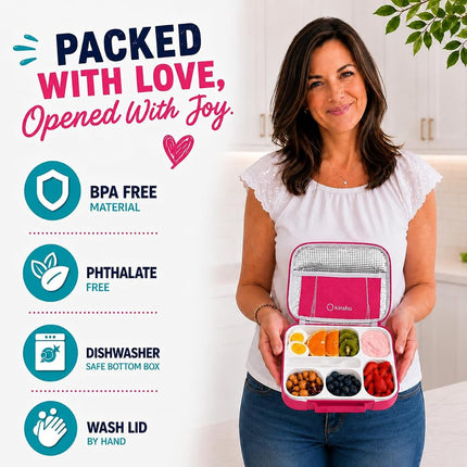 kinsho Bento Lunch Boxes in Bags for Kids | 2 Box & Bag Set for School, 6 Compartments Leakproof BPA Free, Two Blue & Pink