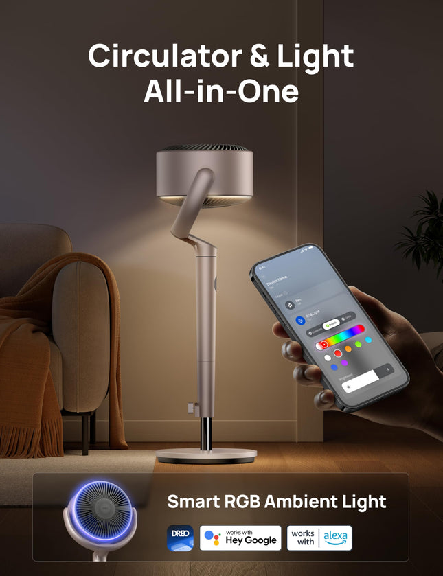 Ventilador de pie Dreo, ventiladores silenciosos con motor de CC y Wi-Fi para dormitorio, dorado