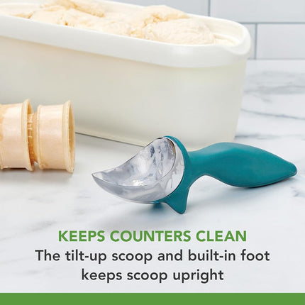 Tovolo Tilt Up Ice Cream Scoop – Use for Cookie Dough, Gelato, Sorbet & Frozen Treats, Built-in Feet, Non-Slip Ergonomic Handle, Heat Retaining Metal for Easy Scooping, Dishwasher Safe, Marine Blue