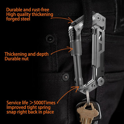 Carabiner Multitool 8-in-1 EDC Carabiners Pocket Knife, Serrated Knife, Rope Cutter, Screwdriver, Can Bottle Opener, Ruler, Survival Gear for Camping Climbing(Gey)
