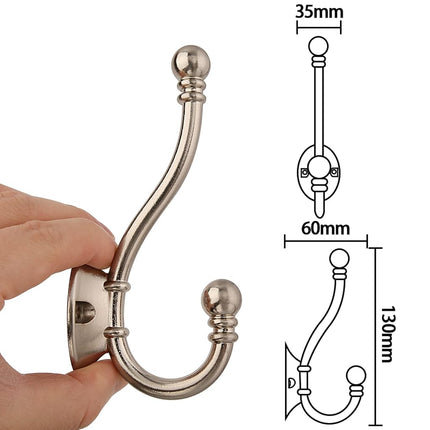 HASWARE 6 PCS Double Prong Robe Hook, Large Dual Coat Hooks with 12 Pieces Screws Wall Mounted Hooks Robe Antique Hooks Hangers Heavy Duty for Home Coats Hat Clothes Hanger Towel Keys (Satin Nickel)