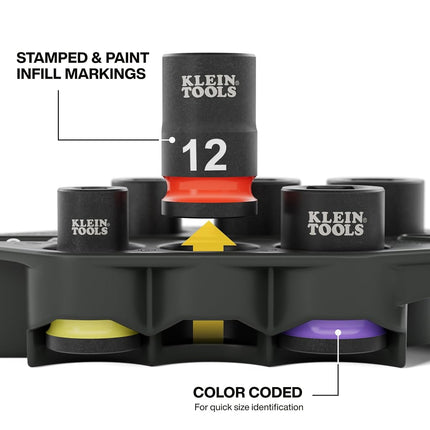 Klein Tools 33808M Grab-and-Go Impact Socket Set, Metric, 7-Piece Set with Sleeve, Carabiner, 3/8-Inch Drive, Color-Coded 8 mm, 10 mm, 12 mm, 13 mm, 14 mm, 15 mm Sockets