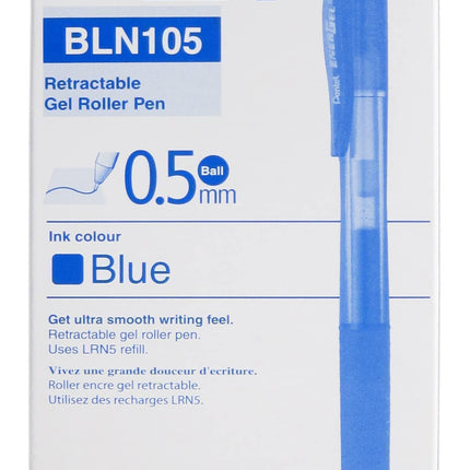 Bolígrafos de gel Pentel BLN105 con tapa de clic, trazo de 0.25 mm y bola de 0.5 mm, color azul (12 unidades)