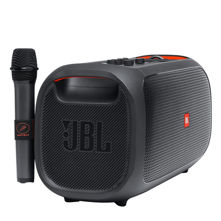 JBL PartyBox On-The-Go - A Portable Karaoke Party Speaker with Wireless Microphone, 100W Power Output, IPX4 splashproof, 6 Playtime Hours, Shoulder Strap and Wireless 2 Party Speakers Pairing (Black)