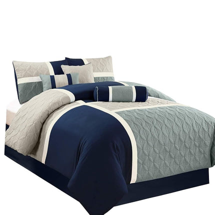 Chezmoi Collection 7-Piece Quilted Patchwork Set, Polyester, Navy/Blue/Grey, Queen