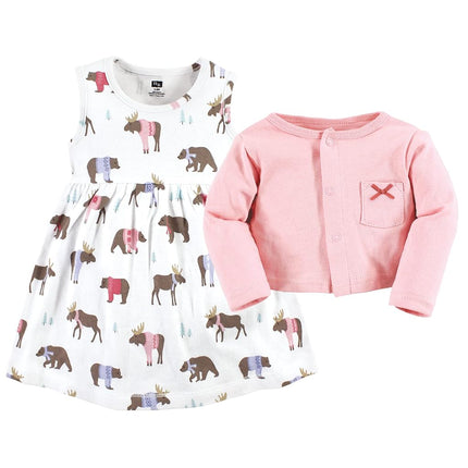 Hudson Baby Baby Girls' Cotton Dress and Cardigan Set, Pink Moose Bear, 5T