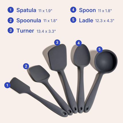 GIR: Get It Right - 5 Piece Essentials All Purpose Set - Ladle, Spatula, Flip, Spoon & Spoonula, Non-Stick, Heat Resistant, Dishwasher Safe, Kitchen Utensils, Baking Supplies - Charcoal