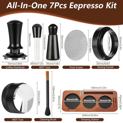 7 PCS Espresso Accessories,Espresso Tamper Tools,WDT Tool Espresso Machine Accessories Kit,Coffee Tamper with Wood Espresso Tamping Station,Distributor,Stirrer,Dosing Funnel,Brush,Puck Screen (54mm)