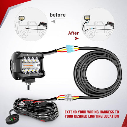 Nilight 2PCS 16AWG 10Feet Wiring Harness Extension for 6Modes Amber White Light Bar Strobe Play and Plug 3-Wires,Black