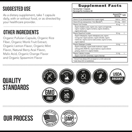 Triquetra Health Organic Plant D3 + K2 | 5000 iu D3 + 120 mcg K2 as All-Trans MK7 from MenaQ7® - 100% Whole Food, Raw & Vegan | Enhanced Digestion with Prebiotic & Superfood Complex (60 Servings)