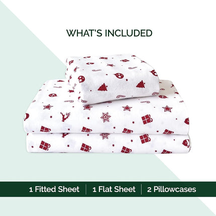 Elegant Comfort Ultra Soft 4-Piece 100% Turkish Cotton Flannel Sheet Set - Holiday Christmas Flannel Sheets, Warm and Cozy Anti-Pill Premium Quality, Deep Pocket Fitted Sheet- Twin XL, Red Stars