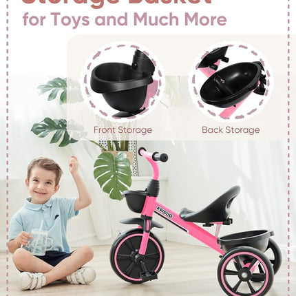 KRIDDO Kids Tricycles Age 24 Month to 5 Years, Toddler Kids Trike for 2.5 to 5 Year Old, Gift Toddler Tricycles for 2-4 Year Olds, Trikes for Toddlers, Pink
