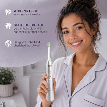Wagner Stern IntelliBrush Series Whitening Electric Toothbrush with Pressure Sensor. Offers 4 Brushing Modes, 3 intensities, 8 Soft Brush Heads, and a Luxury Travel case.