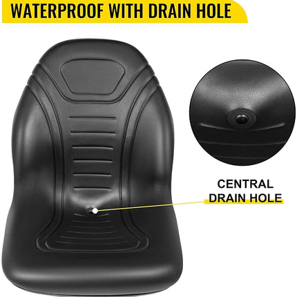 VEVOR Universal Lawn Tractor Seat Replacement - Compact High Back Mower, Black Vinyl Forklift, Central Drain Hole Skid Steer With Mounting Bolt Patterns of 8" x 11.5" & 11.25" x 11.5"