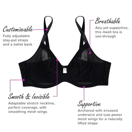 Sheer Mesh Full Coverage Unlined Underwire Bra, Chantilly, 44DD