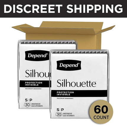 Depend Silhouette Incontinence and Postpartum Underwear for Women, Maximum Absorbency, Disposable, Small, Black, 60 Count (2 Packs of 30) (Packaging May Vary)