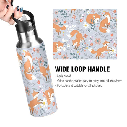 Fox Water Bottle Kids Fox Bottle with Straw Lid Cute Forest Animals Leakproof Insulated Stainless Steel Water Flask for Sport Gym Outdoor 20 oz