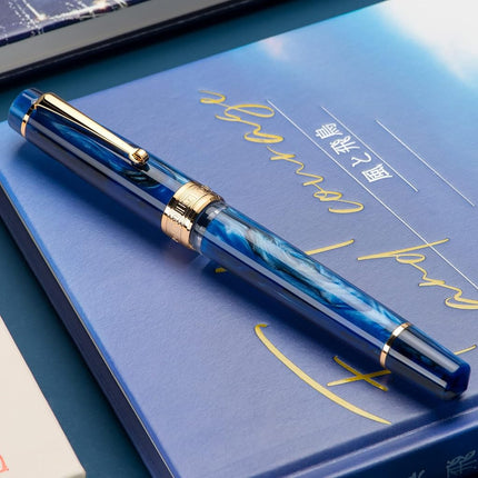 Asvine P20 Galaxy Blue Resin Iridium Extra Fine Nib Plunger Fountain Pen Gold Trim Smooth Scribe Collection with Case Set