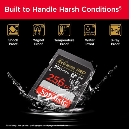 SANDISK Extreme PRO SDXC card 256GB (SD card, up to 200MB/s, V30 Memory Card, 4K UHD, SANDISK QuickFlow Technology, RescuePro Deluxe Data Recovery Software, UHS-I, Class 10, U3, V30)