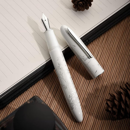 HONG DIAN Hongdian N23 White Rabbit Fountain Pen, Iridium Extra Fine Nib Silver Trim, New Year Lucky Carving Design, Smooth Writing Pen with Converter and Metal Box Set