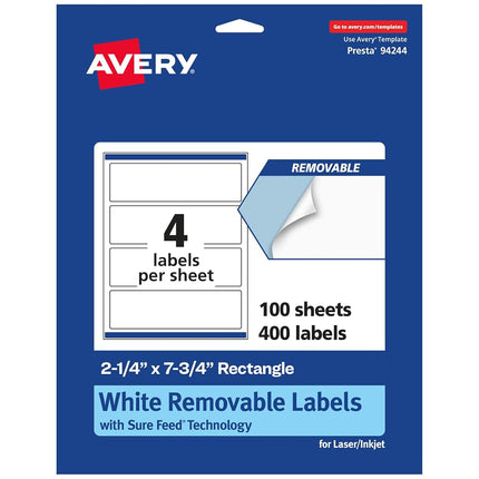 Avery Matte White Removable Rectangle Labels with Sure Feed Technology, Print-to-The-Edge, 2.25" x 7.75", 400 Removable Labels, Laser/Inkjet Printable Labels