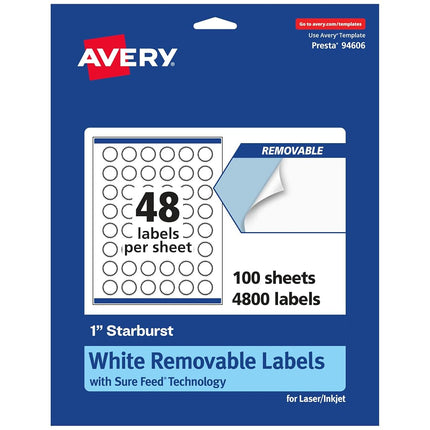 Avery Etiquetas Removibles Estrella de Acabado Mate Blanco con Tecnología Sure Feed, Impresión hasta el Borde, 1 pulgada, 4,800 Etiquetas Removibles, Etiquetas Imprimibles para Láser/Inyección de Tinta