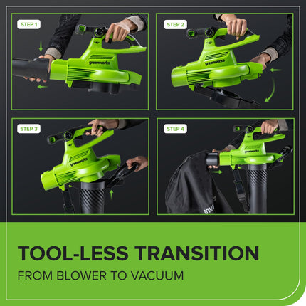 Soplador/Aspirador de Hojas Inalámbrico sin Escobillas Greenworks 40V (370.1 km/h / 14.3 m³/min) con Bolsa, Alta Potencia, Ligero y Silencioso para Limpieza de Residuos de Jardín, Incluye Batería de 5.0Ah y Cargador