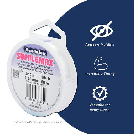SuppleMax Braid Illusion Beading Cord, 0.50 mm / .020 in, Clear Braided Monofilament, 25 m / 82 ft