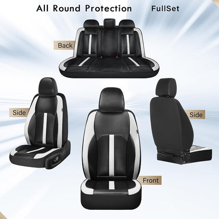 Fundas de asiento de cuero Coverado, juego completo y fibra de carbono, protector impermeable y duradero para todo tipo de clima, ajuste universal para SUV, camioneta, sedán, interior de vehículos automotrices, blanco y negro