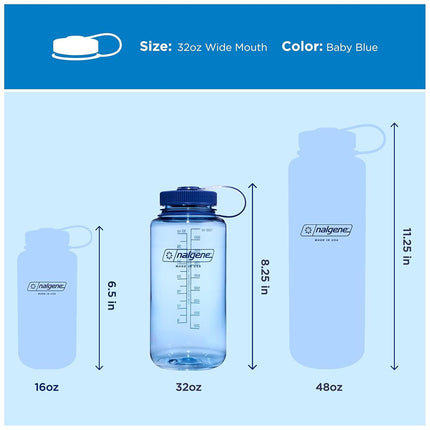 Nalgene Water Bottle - Lightweight Sustain Tritan BPA-Free Shatterproof Bottle for Backpacking, Hiking, Gym, 32 OZ, Wide Mouth, Baby Blue
