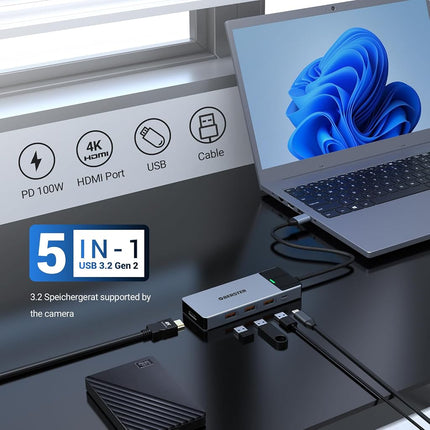 Hub C USB, OBERSTER 5 in 1 USB C Hub with 4K HDMI Output, 3 USB 3.2 with Transfer speeds up to 10Gbps, 100W PD, Adapter USB C for Mac Pro/Air Dell and Other Type C Device