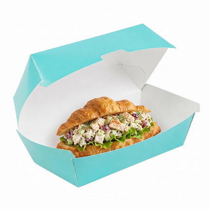 Restaurantware-Bio Tek 6.7 x 3.5 x 3.5 Inch Clamshell Food Containers, 100 Disposable Sandwich Containers - Hinged Lid, Tab-Lock Closure, Turquoise Paper Hot Dog Containers, Durable, Greaseproof