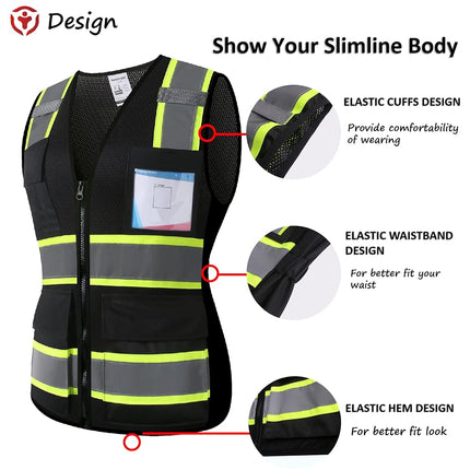 Safety Vest for Men Women Reflective Construction Vest Hi Vis ANSI Standard, Black-w, Small