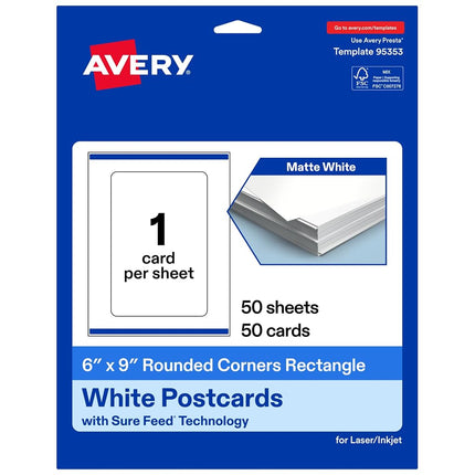 Avery Printable Rectangle Cards, Rounded Corners, Sure Feed Technology, 6" x 9", Matte White Cardstock, Print-to-the-Edge, Laser/Inkjet, 50 Total, Great for Postcards and Thank You Cards